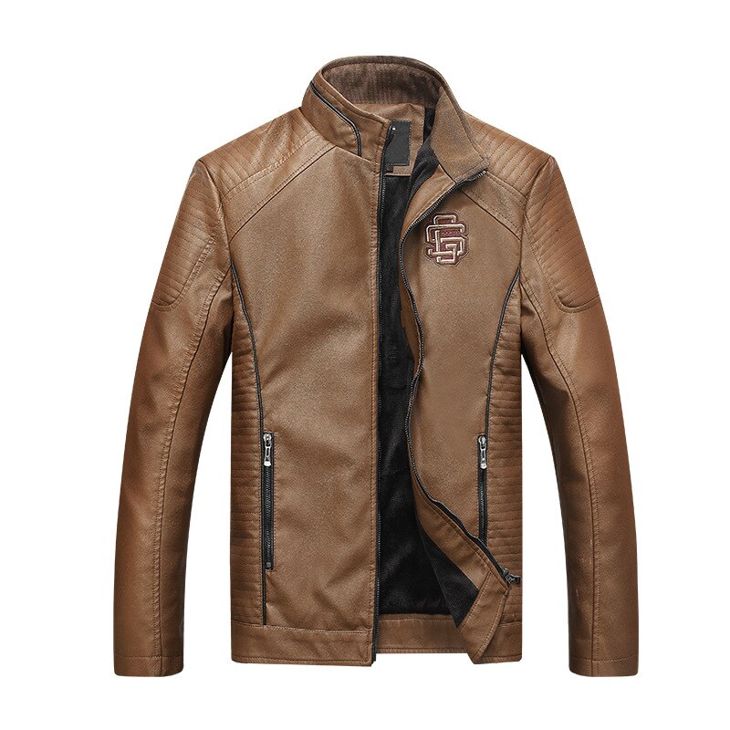 Leather Jacket Motorcycle Men Casual Coat Thick Slim Fit Male Stand Collar Jacket Coat